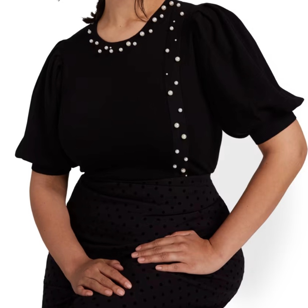 NY&Co Black Pearl Trim Puff Sleeve Knit Top XL